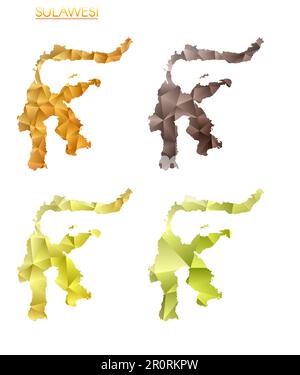 Insieme di mappe poligonali vettoriali di Sulawesi. Mappa dell'isola con gradiente luminoso in basso stile polietilene. Illustrazione Vettoriale