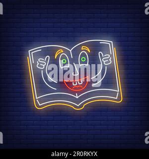 Felice libro aperto cartone animato personaggio neon segno Illustrazione Vettoriale