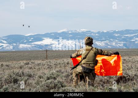 Un Airman del 123rd Special Tactics Squadron della Kentucky Air National Guard dispone di un pannello indicatore per designare una zona di atterraggio per un paio di MH-6M Little Birds del 160th Special Operations Aviation Regiment durante l'esercizio Agile Chariot vicino a Riverton, Wyoming, 2 maggio 2023. Agile Chariot ha testato le capacità Agile Combat Employment, tra cui l'utilizzo di sedi e team più piccoli e dislocati per spostare e supportare rapidamente aerei, piloti e altro personale ovunque sia necessario. (STATI UNITI Foto della Guardia Nazionale aerea di Master Sgt. Phil Speck) Foto Stock