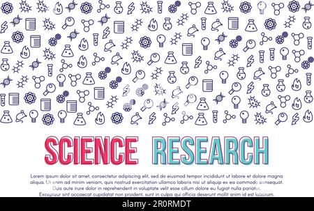 Modello vettoriale per banner di ricerca scientifica. Poster di studio, test di laboratorio, analisi con icone lineari Illustrazione Vettoriale