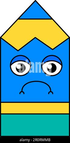 Illustrazione di contorno di emoji di matita infelice. Emoticon depressa e cupa. Adesivo dei cartoni animati sui social media Illustrazione Vettoriale