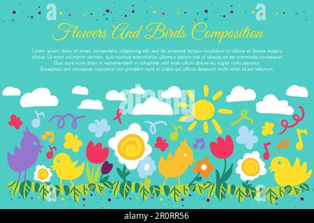 Striscione piatto di uccelli e fiori con copyspace. Poster primaverile, composizione di pollo e fiori Illustrazione Vettoriale