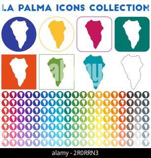 La Palma icone collezione. Icone luminose e colorate alla moda. Badge moderno la Palma con mappa dell'isola. Illustrazione vettoriale. Illustrazione Vettoriale