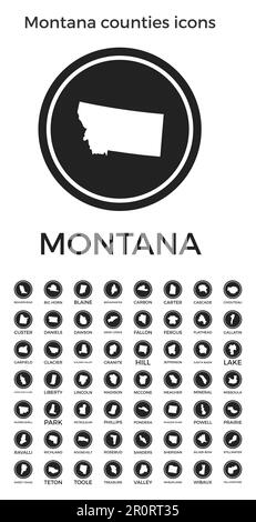 Icone delle contee del Montana. Loghi neri rotondi con le mappe e i titoli delle contee degli Stati Uniti. Illustrazione vettoriale. Illustrazione Vettoriale