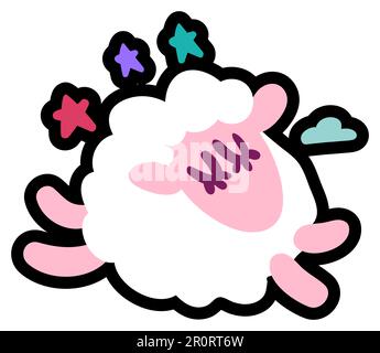 Felice Pretty Sleeping agnello sogni simbolo Cartoon. Dormire, sognare e saltare pecore Wooly tra Sky Stars e Cloud isolato su sfondo bianco. Illustrazione Vettoriale