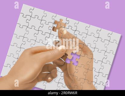 PUZZLE IRONICO-Un puzzle di una mano che tiene un puzzle pezzi è completato da una mano identica che tiene l'ultimo pezzo in un'illustrazione 3-d. Foto Stock