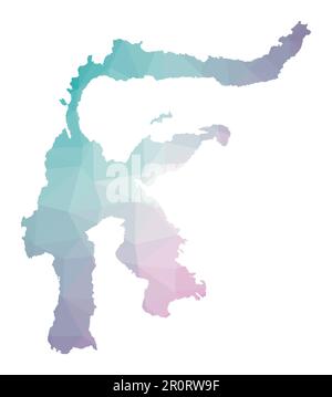 Mappa poligonale di Sulawesi. Illustrazione geometrica dell'isola in colori smeraldo e ametista. Mappa di Sulawesi in basso stile poli. Illustrazione Vettoriale