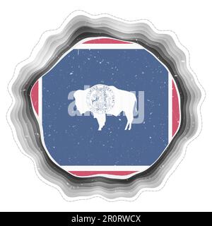 Bandiera Wyoming nel riquadro. Distintivo dello stato degli Stati Uniti. Segno circolare stratificato intorno alla bandiera del Wyoming. Illustrazione vettoriale di tendenza. Illustrazione Vettoriale