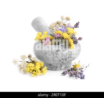 Malta di marmo con fiori diversi e pestello su fondo bianco Foto Stock