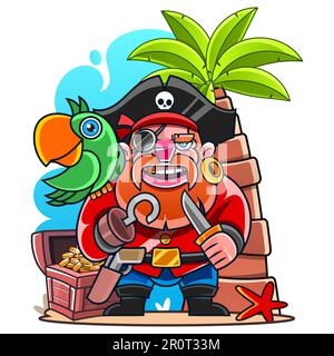 Taglio della silhouette del capitano di una nave pirata in un cappello con cranio e crossbones. Pirata bearded Illustrazione Vettoriale