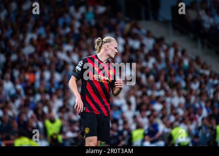 Madrid, Spagna. 09th maggio, 2023. Erling Haaland (Manchester City) durante la partita di calcio tra il Real Madrid e Manchester City valida per la semifinale della UEFA championâ&#X80;&#x99;s League celebrata a Madrid, Spagna, presso lo Stadio Bernabeu martedì 09 maggio 2023 Credit: Independent Photo Agency/Alamy Live News Foto Stock