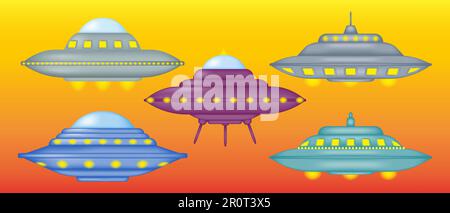 Set di vari UFO. Collezione di astronavi alieni in stile cartoon. Piattino volante 3D. Illustrazione vettoriale. Illustrazione Vettoriale