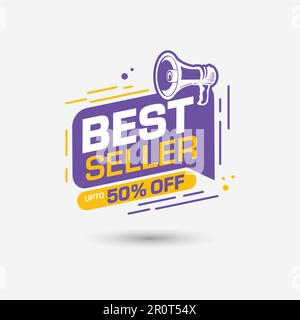 badge best seller con megafono e 50% di sconto su tag, vendita banner modello vettore di progettazione per i social media Illustrazione Vettoriale