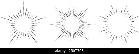 Set di cornici ricurve retrò. Confezione vintage con raggi solari ondulati. Elementi di design curvati radiali per logo, etichette, stemmi, striscioni. Raccolta di illustrazioni vettoriali Illustrazione Vettoriale