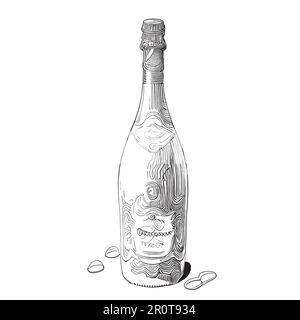 Bottiglia di vino champagne abbozzetto disegnato a mano in stile doodle Illustrazione Vettoriale