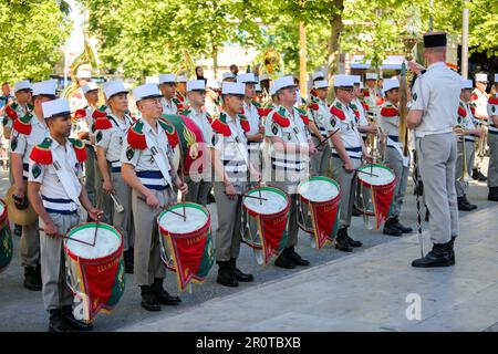 Marsiglia, Francia. 08th maggio, 2023. Musicisti della 'Legione straniera' si esibiscono durante la commemorazione del 8 maggio 1945 a Marsiglia. Ogni anno le cerimonie di commemorazione del 8 maggio 1945 segnano una data importante, la vittoria delle forze alleate sulla Germania nazista e la fine della seconda guerra mondiale in Europa. Credit: SOPA Images Limited/Alamy Live News Foto Stock