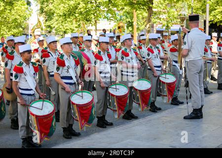 Marsiglia, Francia. 08th maggio, 2023. Musicisti della 'Legione straniera' si esibiscono durante la commemorazione del 8 maggio 1945 a Marsiglia. Ogni anno le cerimonie di commemorazione del 8 maggio 1945 segnano una data importante, la vittoria delle forze alleate sulla Germania nazista e la fine della seconda guerra mondiale in Europa. (Foto di Denis Thaust/SOPA Images/Sipa USA) Credit: Sipa USA/Alamy Live News Foto Stock