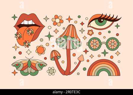 Elementi groovy Set in retro Hippie Style 70s . Adesivi vettoriali geometrici astratti: Labbra, occhio, farfalla, arcobaleno, fiore Daisy, Fungo Illustrazione Vettoriale