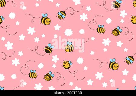 Estate cartone animato prato retro senza cuciture modello, Bee bambini ornamento. Caratteri di insetto del honeybee con il sorriso divertente facce sfondo infinito. Fumetti fiori e api miele doodle ripetere sconfinata illustrazione Illustrazione Vettoriale