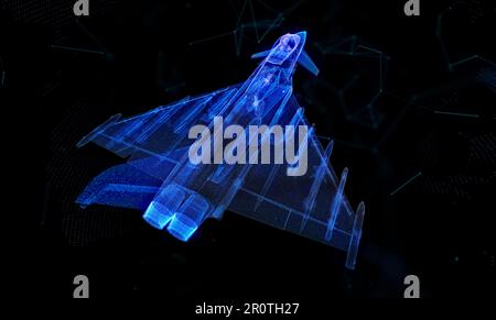 Jet da caccia. Particelle incandescenti in aereo. Aereo virtuale. Tecnologia aeronautica dell'aeronautica Foto Stock