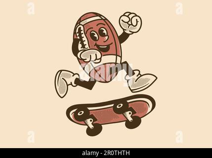 Mascotte vintage personaggio design del pallone da calcio americano che salta sullo skateboard Illustrazione Vettoriale