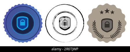 Sicurezza hacking crittografia privacy sicurezza scudo simbolo emblema distintivo concorso blu nero timbro piatto Illustrazione Vettoriale