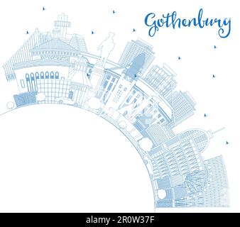 Delineate Gothenburg Sweden City Skyline con edifici blu e spazio copia. Illustrazione vettoriale. Paesaggio urbano di Gothenburg con monumenti. Illustrazione Vettoriale