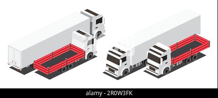 Autocarro a pianale piatto rosso isometrico e rimorchio autocarro con container. Trasporto commerciale. Logistica. Oggetto città per infografica. Illustrazione vettoriale Illustrazione Vettoriale