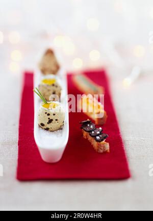 Quails uova con i loro gusci e stravaganti dita di pane Foto Stock