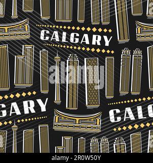 Vector Calgary Seamless Pattern, sfondo quadrato a ripetizione con illustrazione del famoso paesaggio cittadino di calgary su sfondo scuro per carta da imballaggio, decora Illustrazione Vettoriale