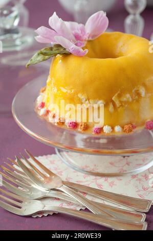 Torta di meringa gelato rivestita con coulis di frutta esotica Foto Stock