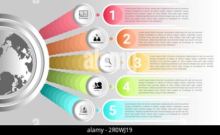 modello infografico con icona a 5 passaggi, descrizione a 5 passaggi e globo a semicerchio Illustrazione Vettoriale