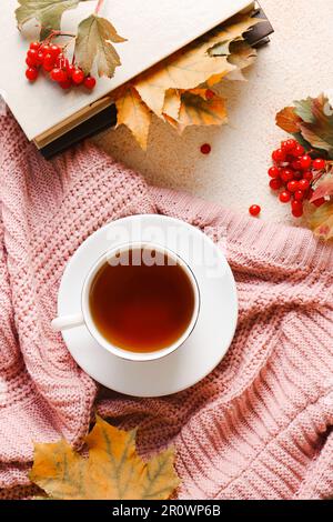 Composizione piatta con tazza di tè aromatico e morbido maglione rosa. Atmosfera autunnale Foto Stock