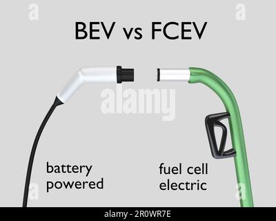 3D illustrazione della maniglia di rifornimento alimentata a batteria e della maniglia di rifornimento elettrica delle celle a combustibile, intitolata come BEV vs FCEV. Foto Stock