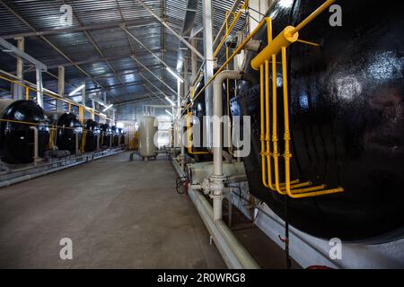 Provincia di Jambyl, Kazakistan - 24 aprile 2012: Impianto di biogas moderno. Reattori e forni per serbatoi di gas. Foto Stock