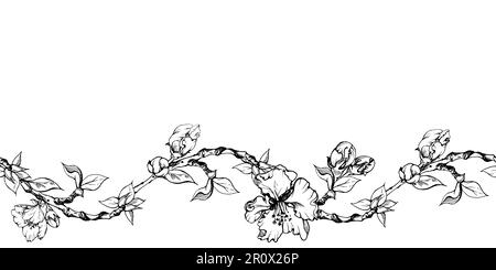 Inchiostro disegnato a mano fiori di mela, rami e foglie, vettore monocromatico, contorno dettagliato banner orizzontale senza cuciture isolato su sfondo bianco Design Illustrazione Vettoriale