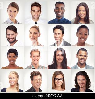 Diversità, mosaico facciale o ritratto di persone felici in un gruppo di comunità o paese con razze diverse. Foto del profilo, del sorriso o del collage Foto Stock