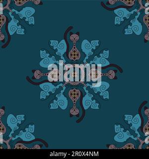 Ripetizione senza giunture. Gatto Mandala. Carino. Blu turchese e marrone. Illustrazione vettoriale. Illustrazione Vettoriale