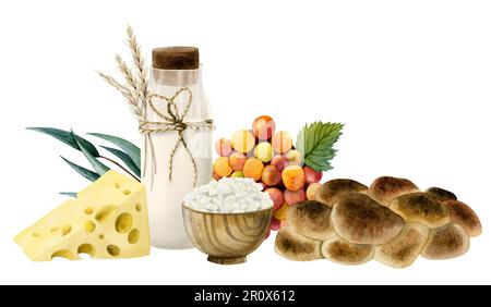 Acquerello composizione Shavuot per biglietto d'auguri. Illustrazione di festa di formaggio di cottage, grano, latte, challah, uva Foto Stock