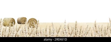 Watercolor Happy Shavuot modello di banner di saluto con spazio di copia per il testo. Campo di grano, illustrazione raccolta fieno arrotolato Foto Stock