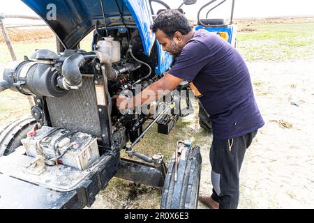 Aprire il cofano del trattore, motore. Meccanico contadino che ripara il motore blu del trattore. Manutenzione della macchina della mietitrebbia Foto Stock