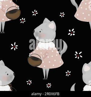 senza cuciture ripetizione modello carino gattino e fiori. minimalismo in stile retrò. utilizzato per test, stampa e imballaggio per bambini. Foto Stock