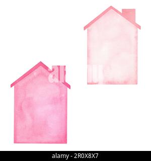 Un set di illustrazioni ad acquerello di case con tetti e camini in ricchi colori rosa e rosa pallido. evidenziare su sfondo bianco. Adatto per Foto Stock