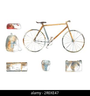 acquerello isolato disegnato a mano set per viaggi, bici, macchina fotografica, biglietto aereo, borsa, zaino, custodia per matita, borsa cosmetica, tazza da caffè da portare, tazza termica illu Foto Stock