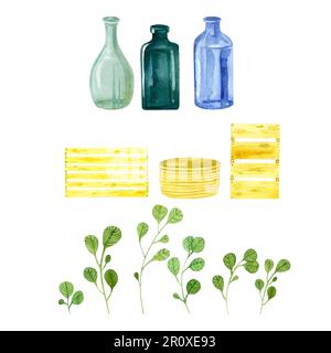 acquerello disegnato a mano insieme isolato, ramoscelli, piante, foglie, erba, vasi e bottiglie in vetro, scatole e cestelli in legno Foto Stock