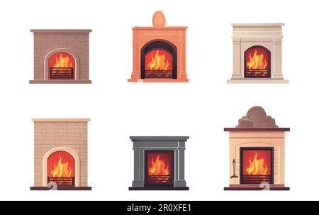 impostare l'illustrazione vettoriale del camino con fuoco stagionale riscaldamento isolato su bianco Illustrazione Vettoriale