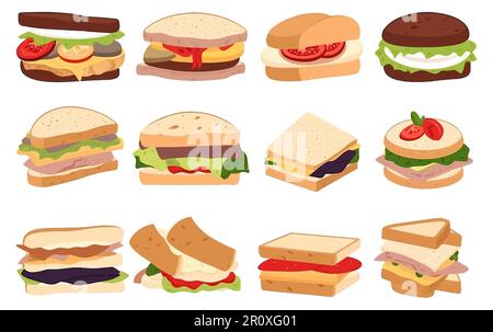 impostare l'illustrazione vettoriale del sandwich con un appetitoso isolamento di riempimento su bianco Illustrazione Vettoriale