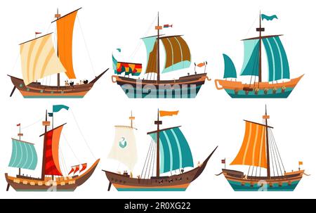 impostare l'illustrazione vettoriale di isolamento barca a vela in legno su sfondo bianco Illustrazione Vettoriale