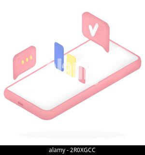 3D vettore minimal analytics telefono cellulare rosa Illustrazione Vettoriale