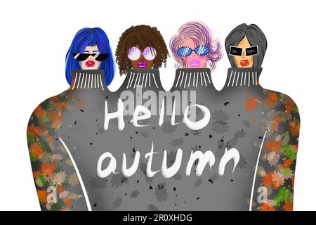 Illustrazione di moda delle ragazze in un maglione. Ciao, autunno Foto Stock